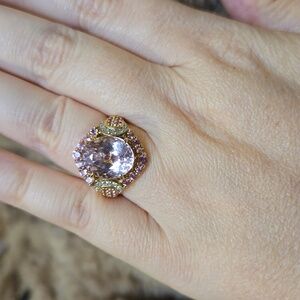 Kunzite, sapphire, diamond ring 14kt gold